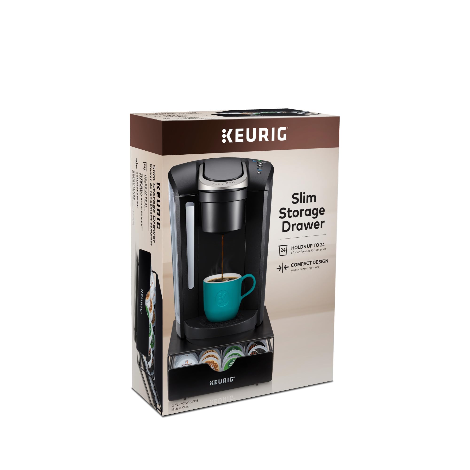 Keurig tiroir côté dimensions montrant taille 9,2 x 3,3 x 12,2 pouces