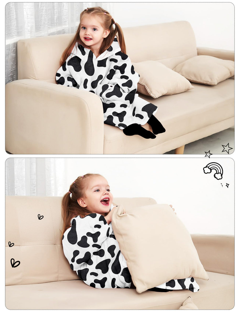 KFUBUO enfant portant le hoodie sur un canapé, confort et relaxation instantanés