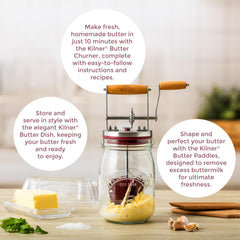 Kilner baratte en usage montrant quelqu'un tournant la poignée pour faire du beurre