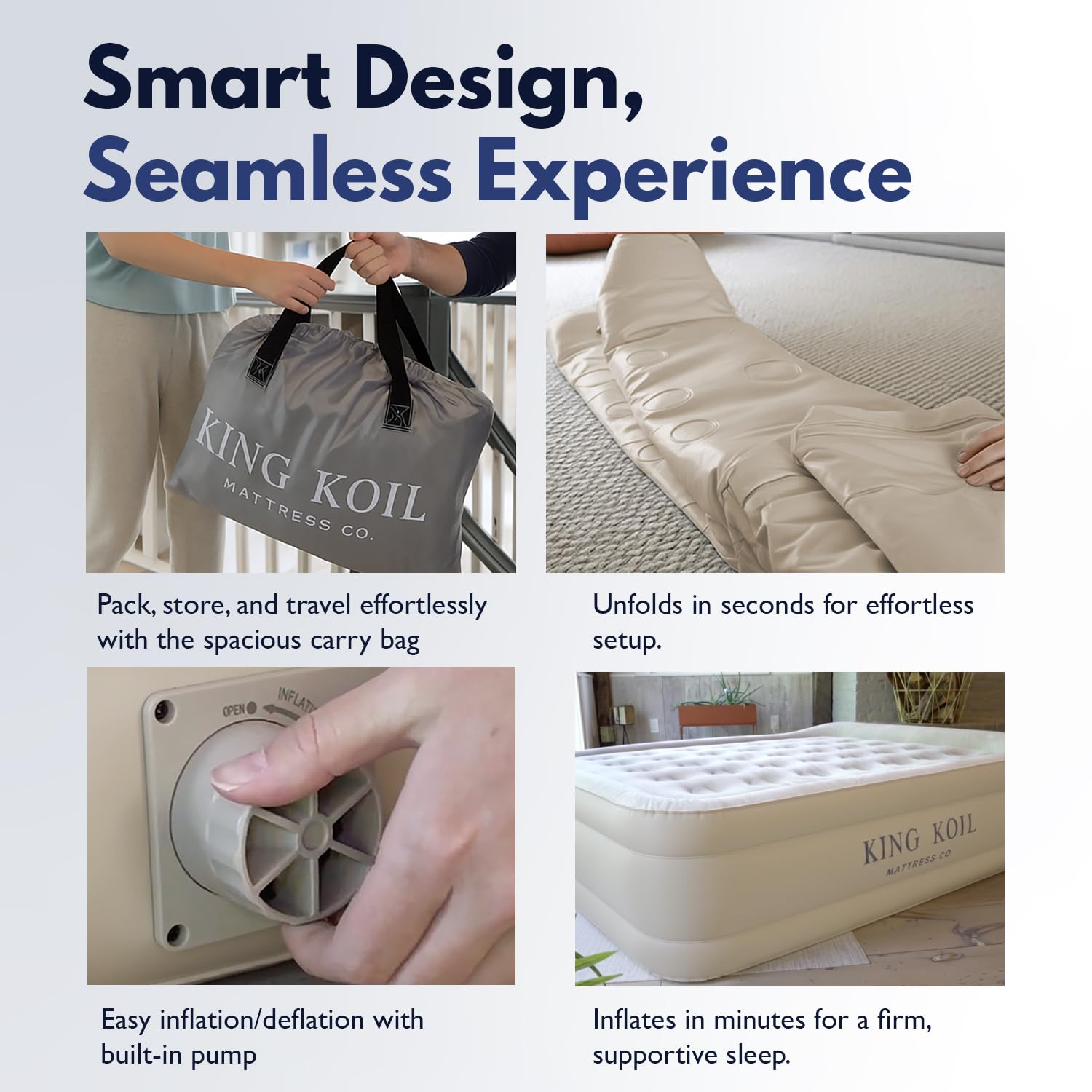 King Koil matelas dégonflé et rangé compactement, gain de place pour le voyage