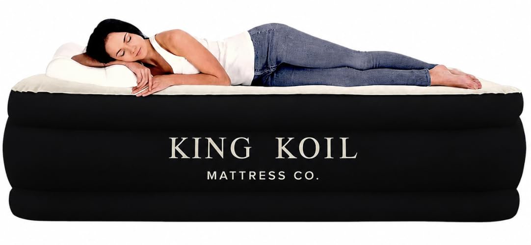 King Koil vue avant du matelas gonflé et emballage, prêt à l'emploi et confortable