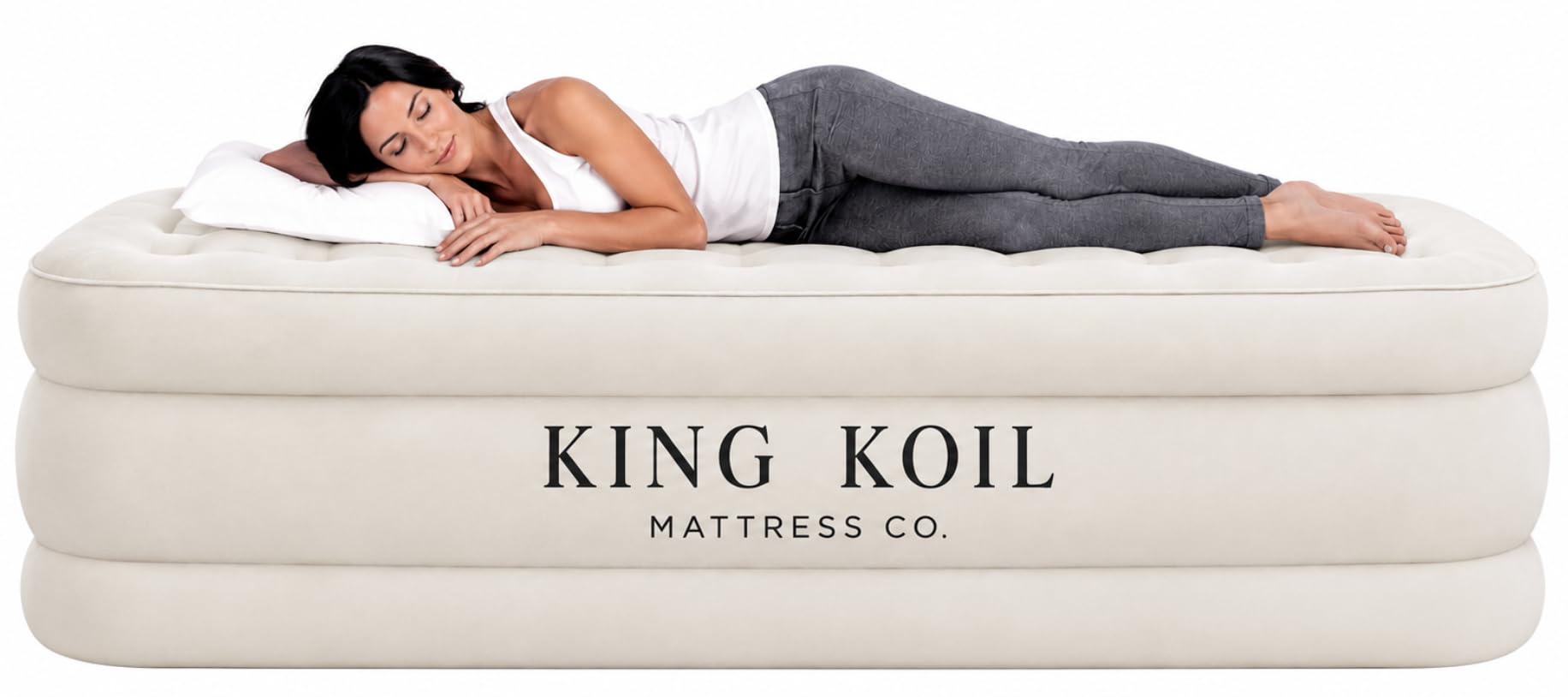 King Koil matelas gonflable face avant montrant hauteur et design, confort immédiat