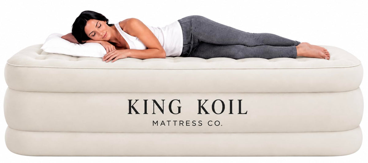 King Koil matelas gonflable face avant montrant hauteur et design, confort immédiat