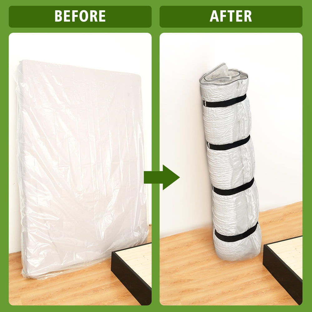 King Mattress Vacuum Bag comparaison taille avant et après compression pour gain d'espace