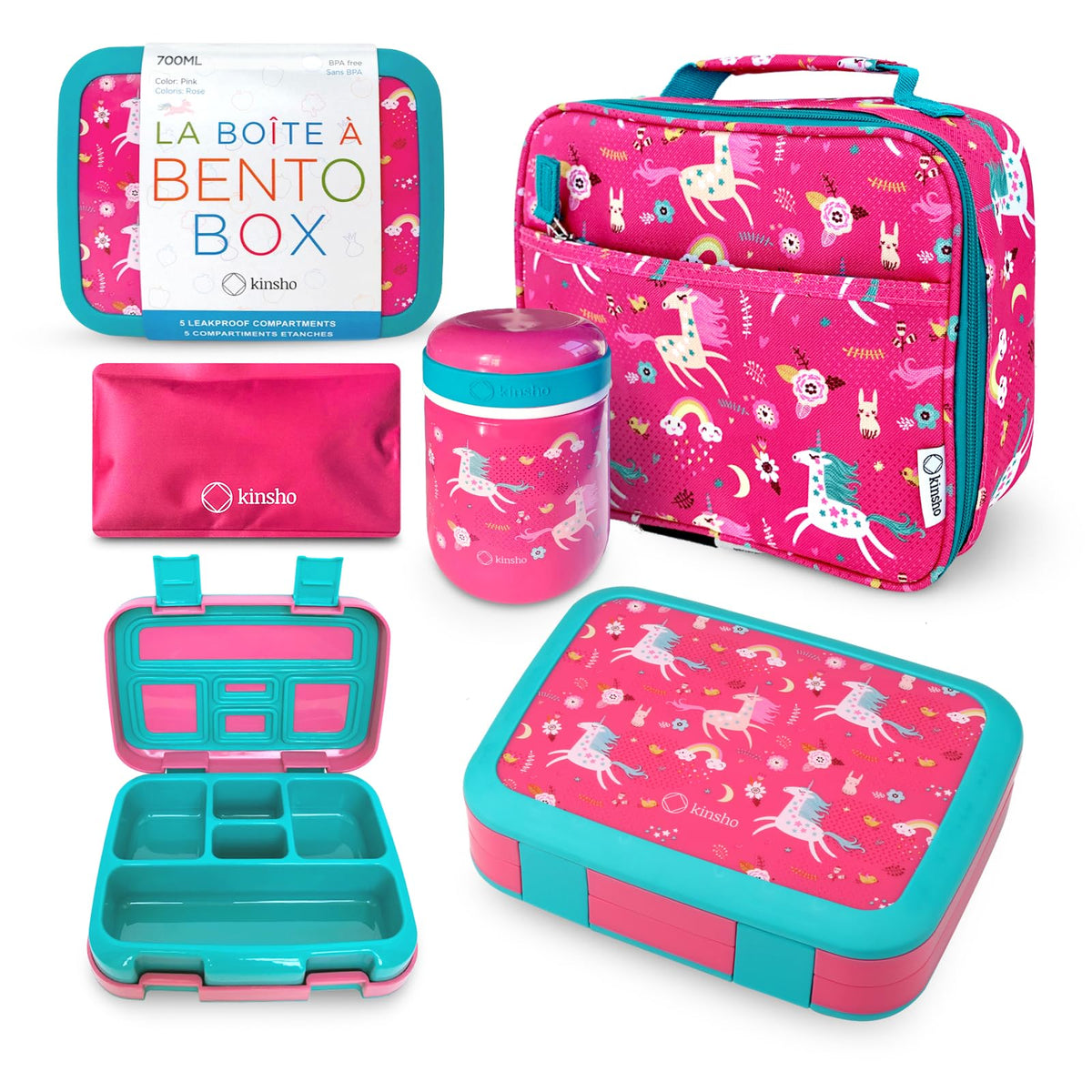 kinsho boîte bento ouverte motif licorne montrant compartiments et organisation pratique