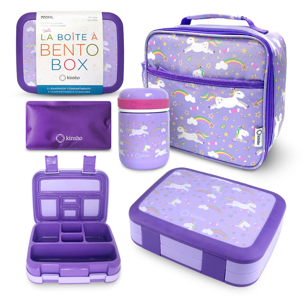 kinsho boîte bento face avec motif licorne violet, attire l'enfant et organise le repas