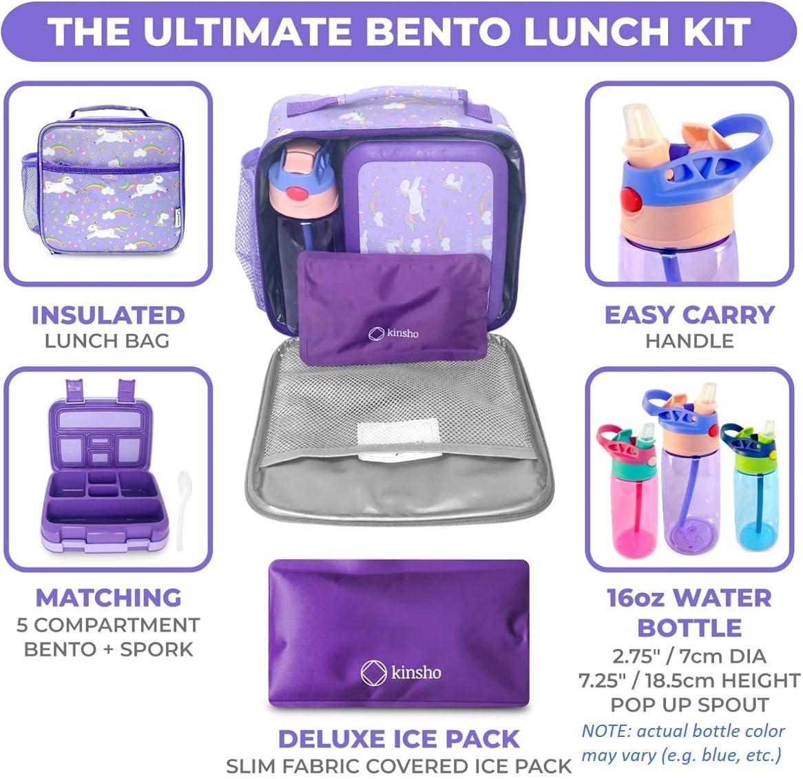 kinsho boîte licorne violette intérieur montrant 5 compartiments hermétiques pratiques