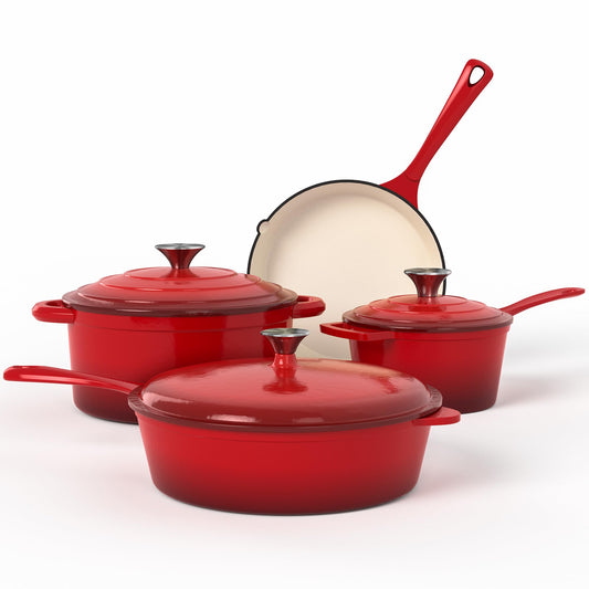 Kitchen Academy ensemble devant montrant les 7 pièces rouge pour polyvalence