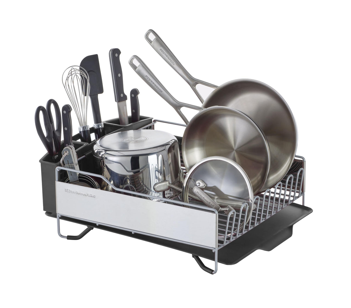 KitchenAid vue avant de l'égouttoir montrant grande capacité et organisation