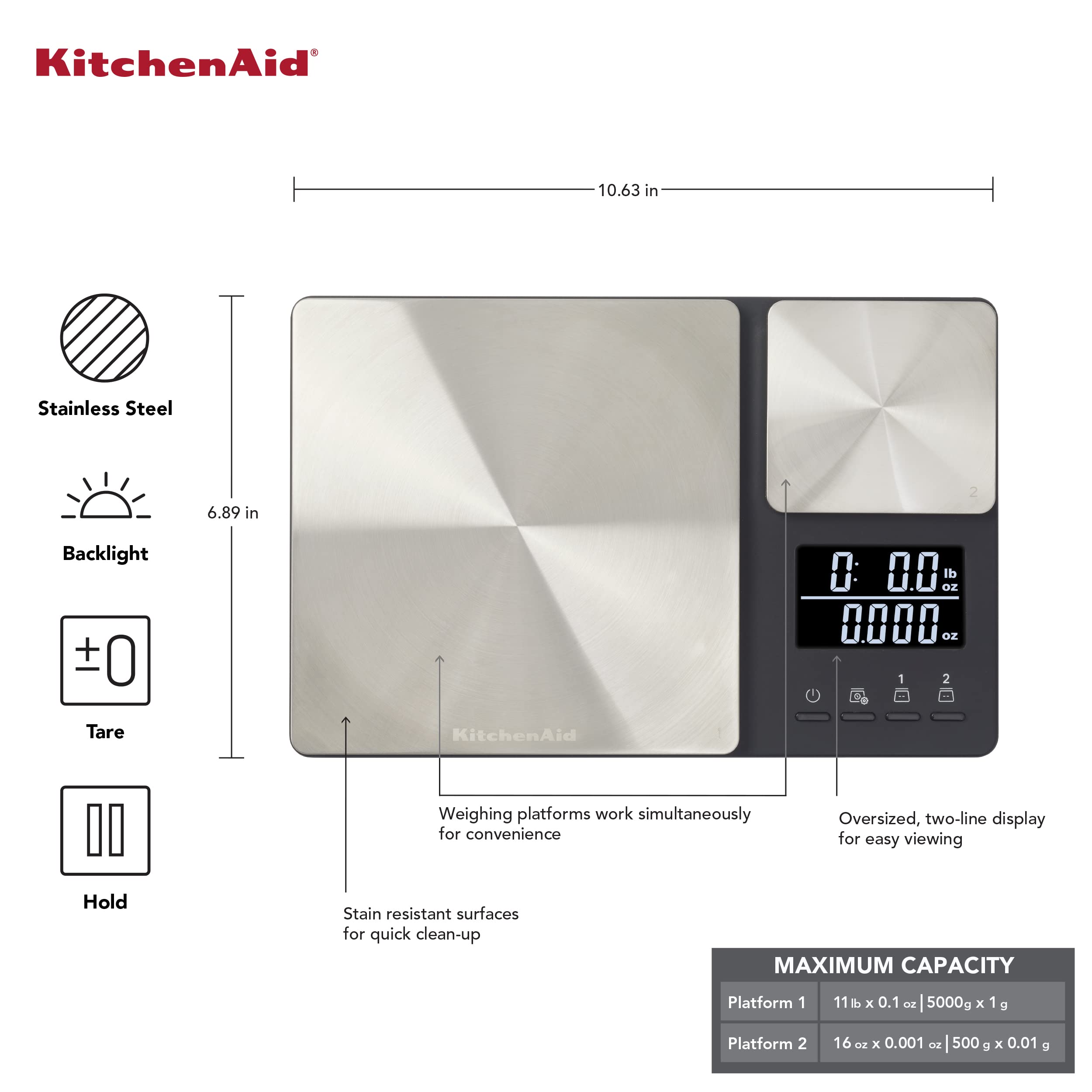 KitchenAid écran double rétroéclairé lisible pour suivre deux poids simultanément