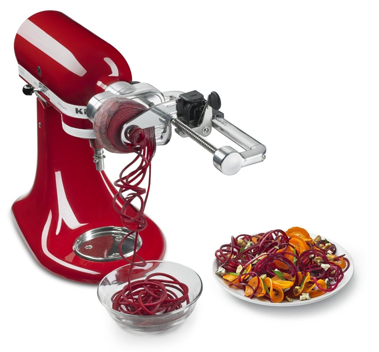 KitchenAid spiralizer en action transformant une courgette en spaghettis, préparation rapide