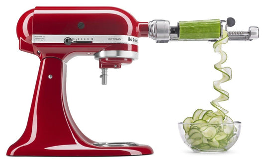 KitchenAid vue avant de l'accessoire spiralizer montrant fixation stable et gain de temps