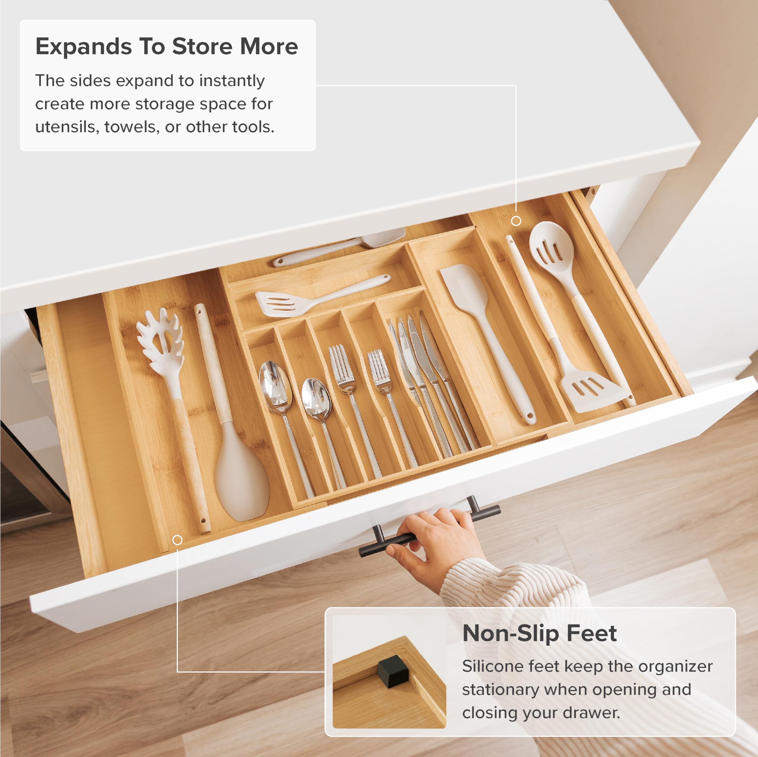 KitchenEdge comparaison d'échelle avec couverts, montre capacité accrue