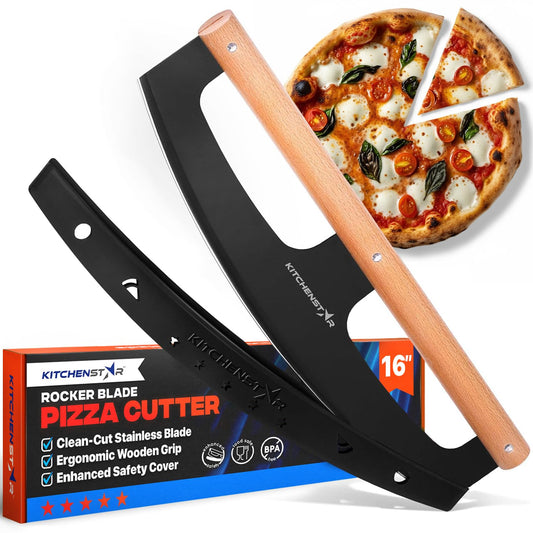 KitchenStar vue de face du coupe-pizza rocker, efficacité de coupe visible