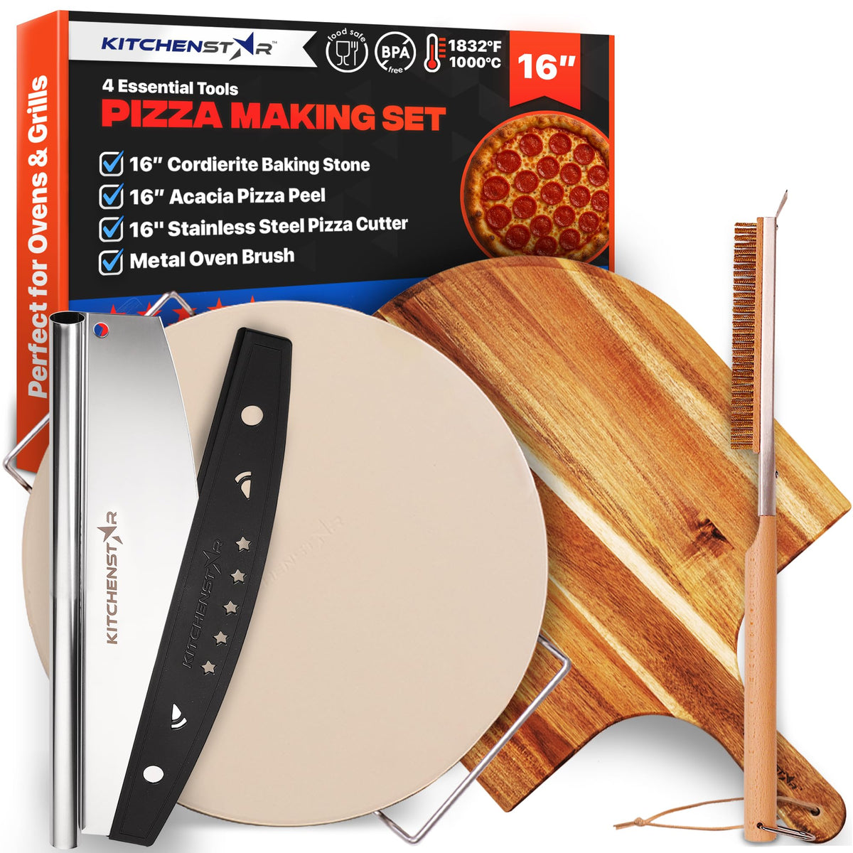 KitchenStar pierre à pizza ensemble complet montrant tous les accessoires pour cuisson facile