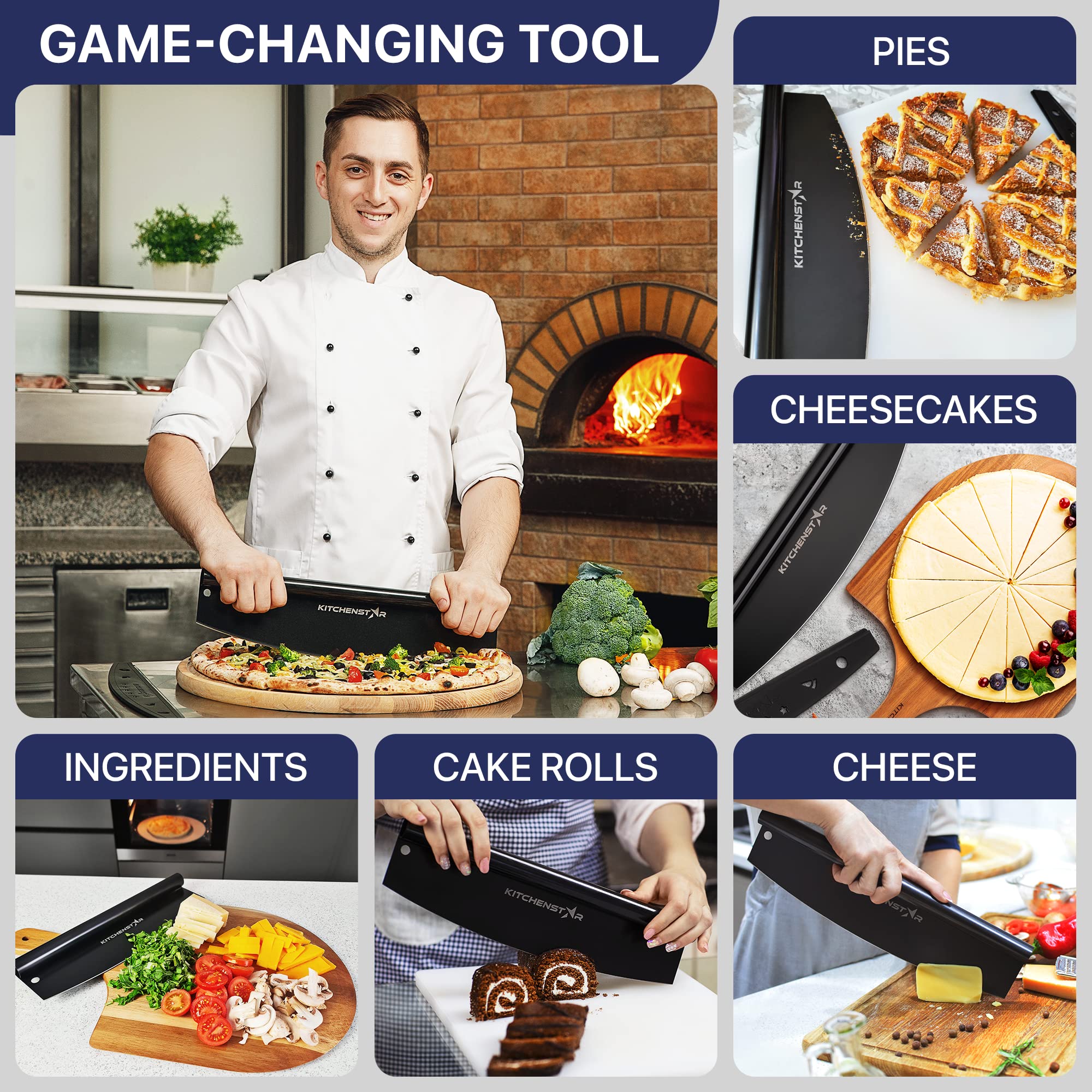 KitchenStar rocker posé près d'une pizza servie en contexte lifestyle pour présentation soignée