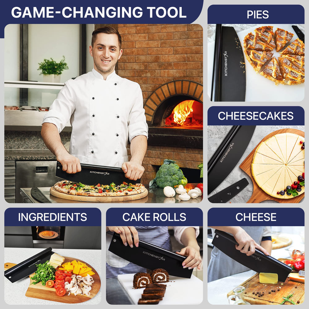 KitchenStar rocker posé près d'une pizza servie en contexte lifestyle pour présentation soignée