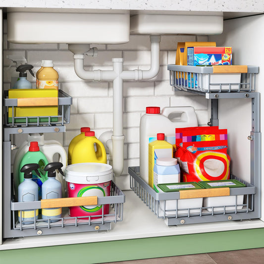 Kitstorack vue avant de l'organisateur sous évier en gris montrant rangement soigné