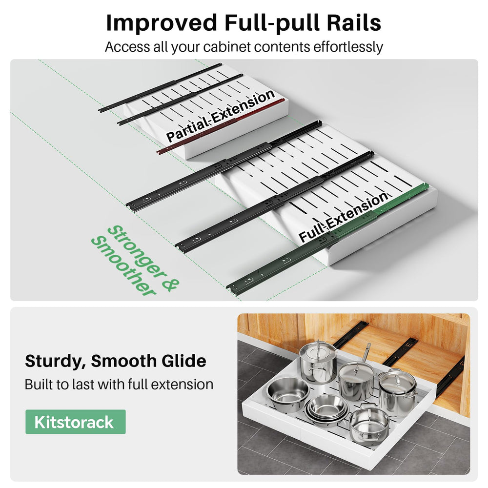 Kitstorack tiroir rempli de casseroles en usage, rangement pratique immédiat