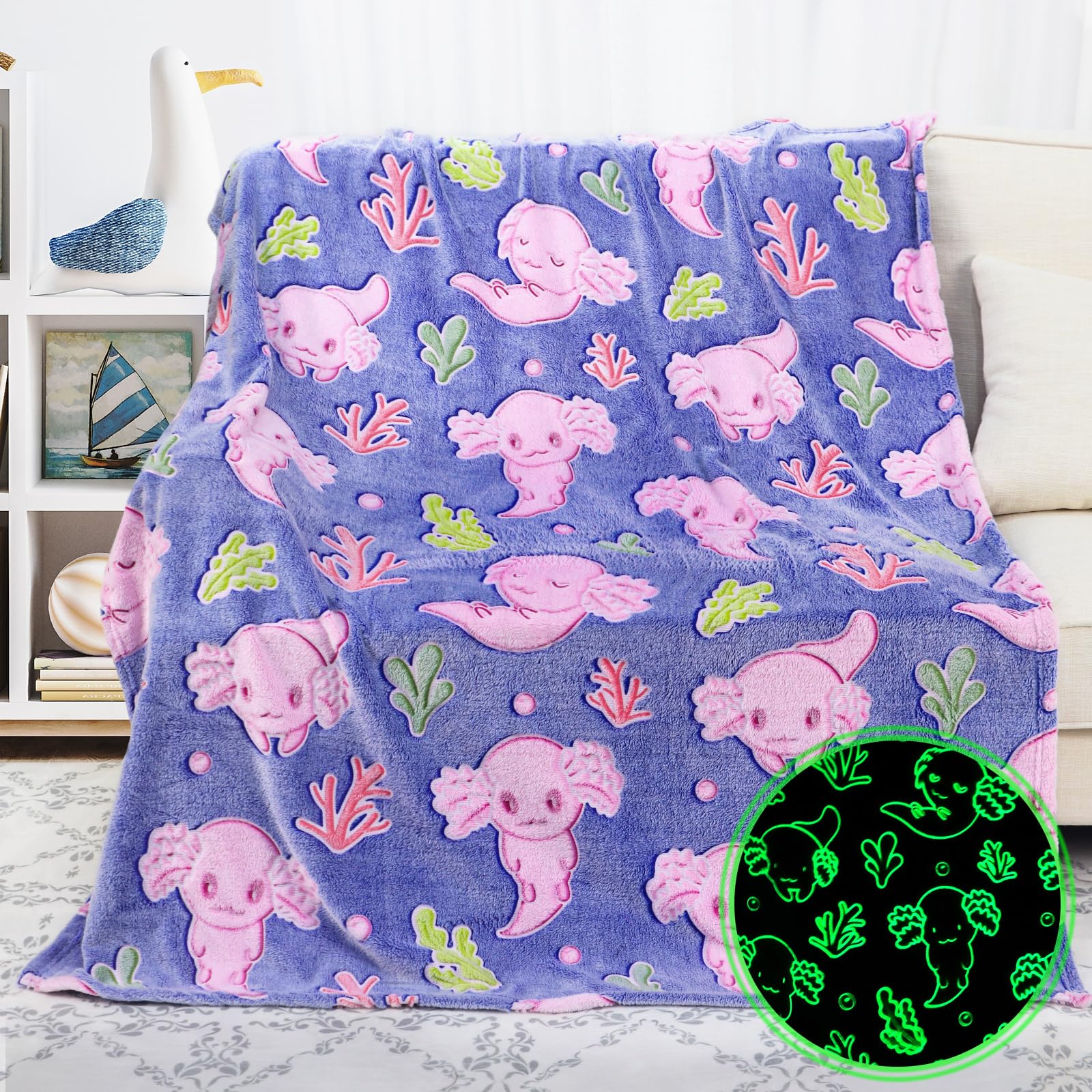 KIVEE couverture axolotl face avant montrant le motif et la douceur du plaid