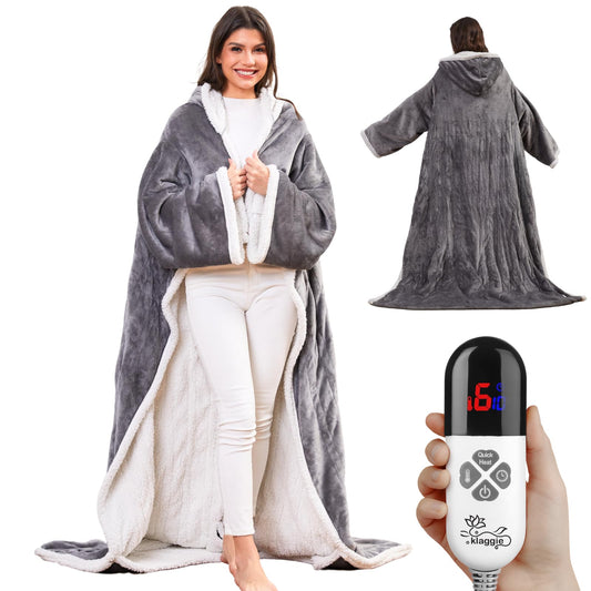 Klaggie couverture chauffante vue avant montrant capuche et poche pour pieds, confort immédiat