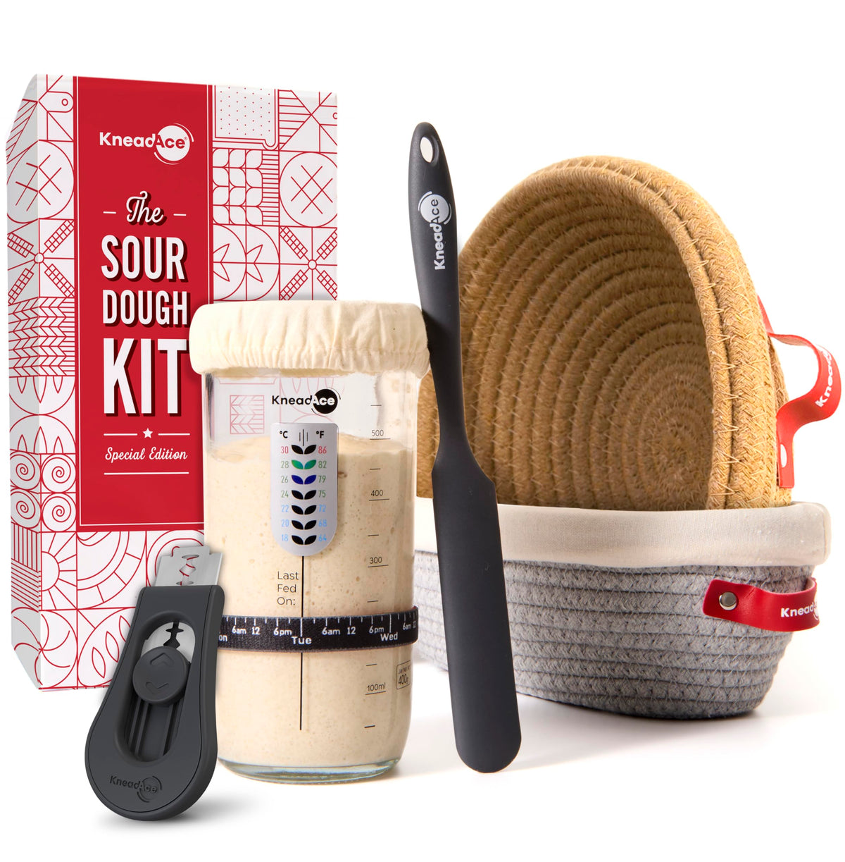KNEADACE pot levain 24oz face montrant la graduation et bénéfice contrôle