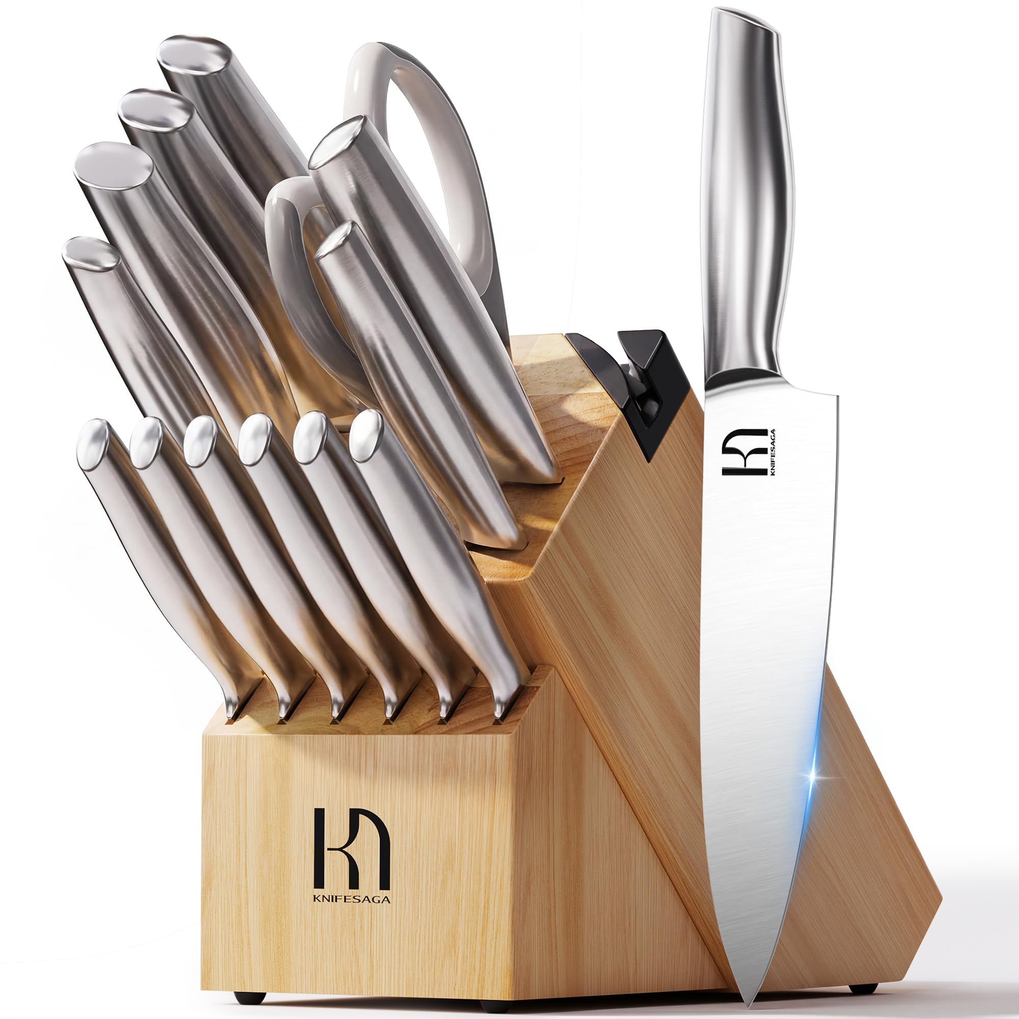 KnifeSaga bloc en bois angle et rangement sûr montrant organisation efficace