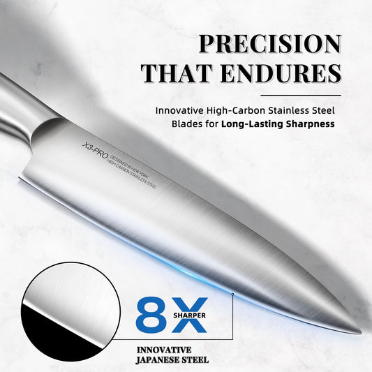 KnifeSaga lame de chef gros plan, coupe précise et tranchante