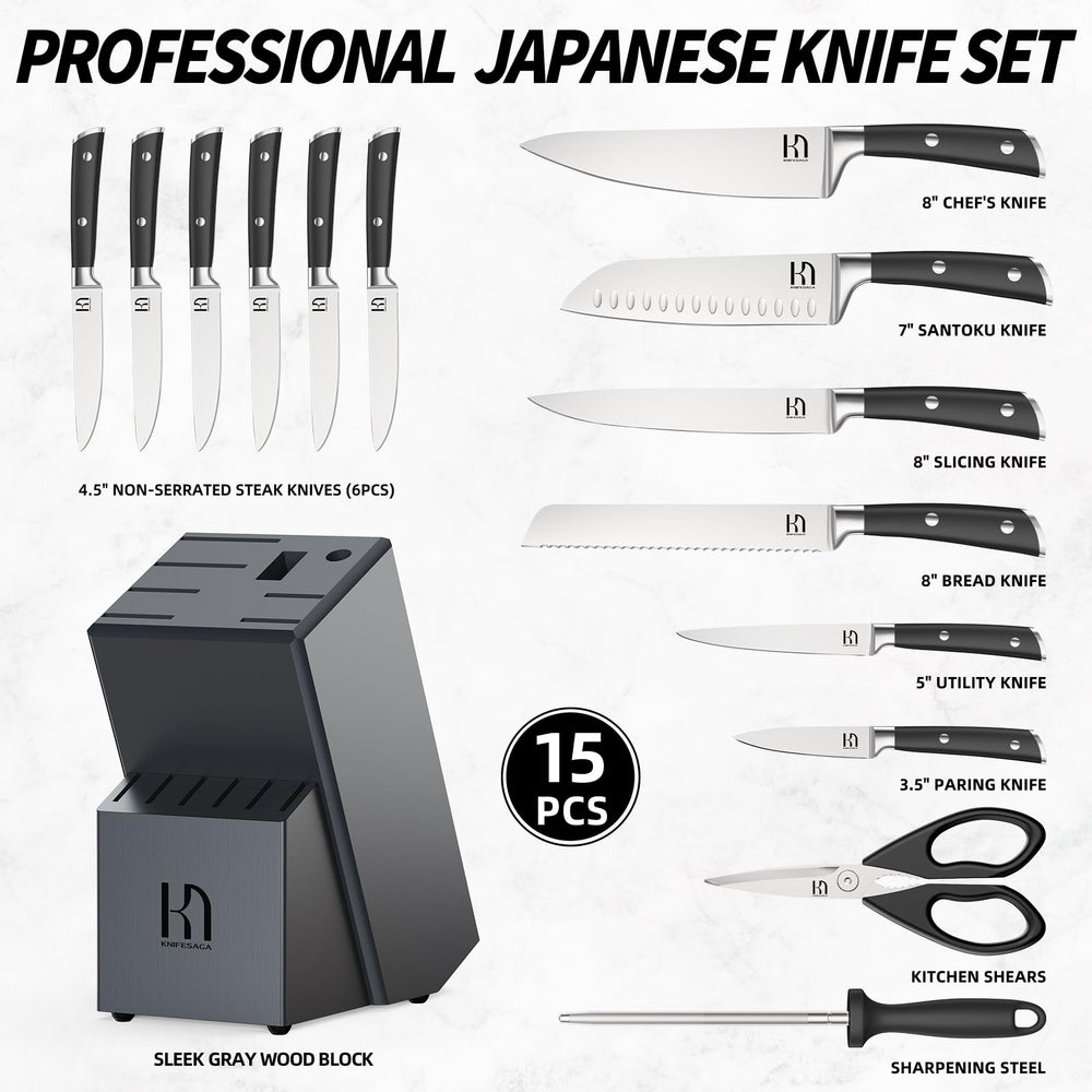 KnifeSaga service de table avec six couteaux à steak, présentation élégante pour repas