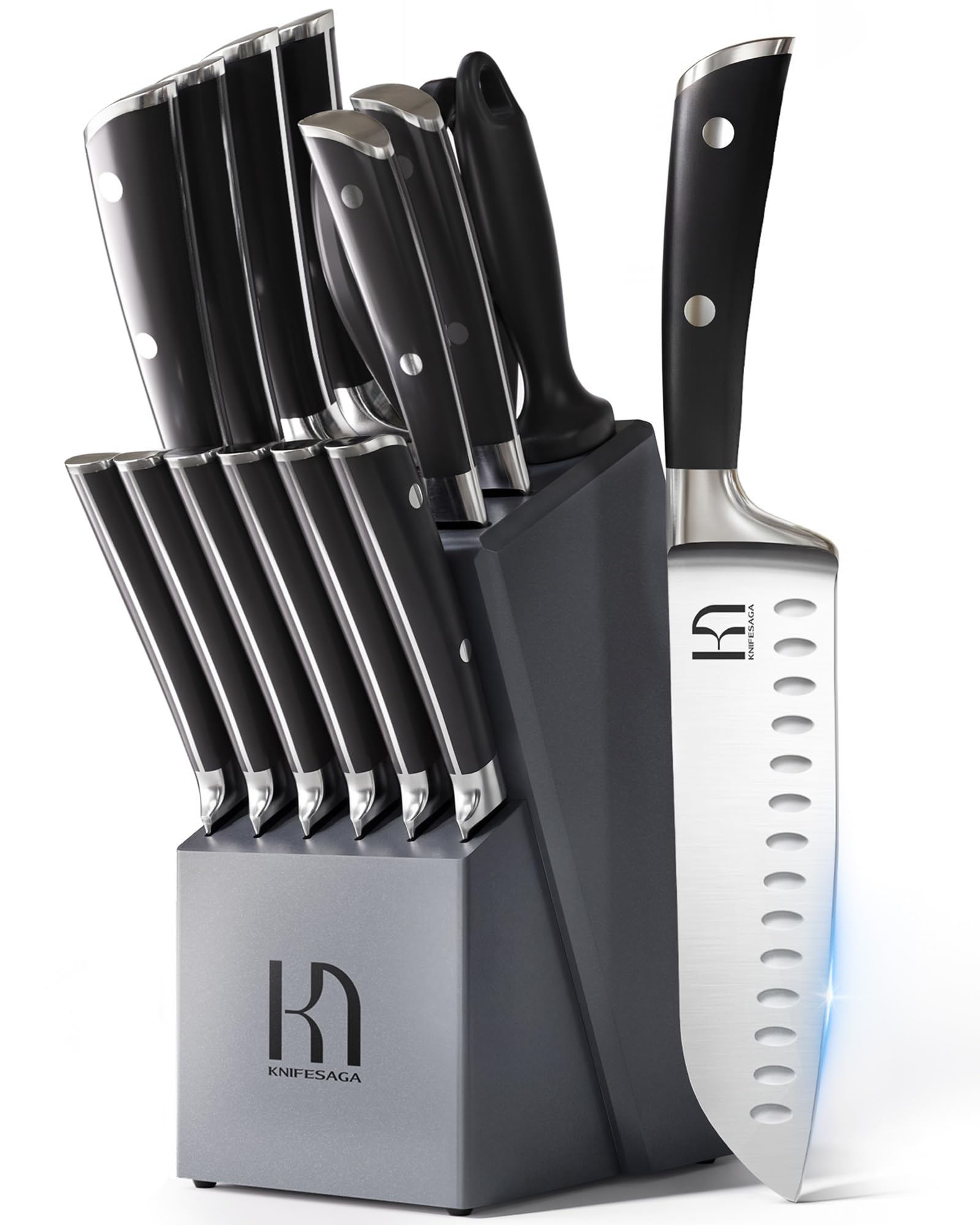 KnifeSaga vue de face du coffret complet montrant le bloc en acacia et les couteaux, organisation pratique
