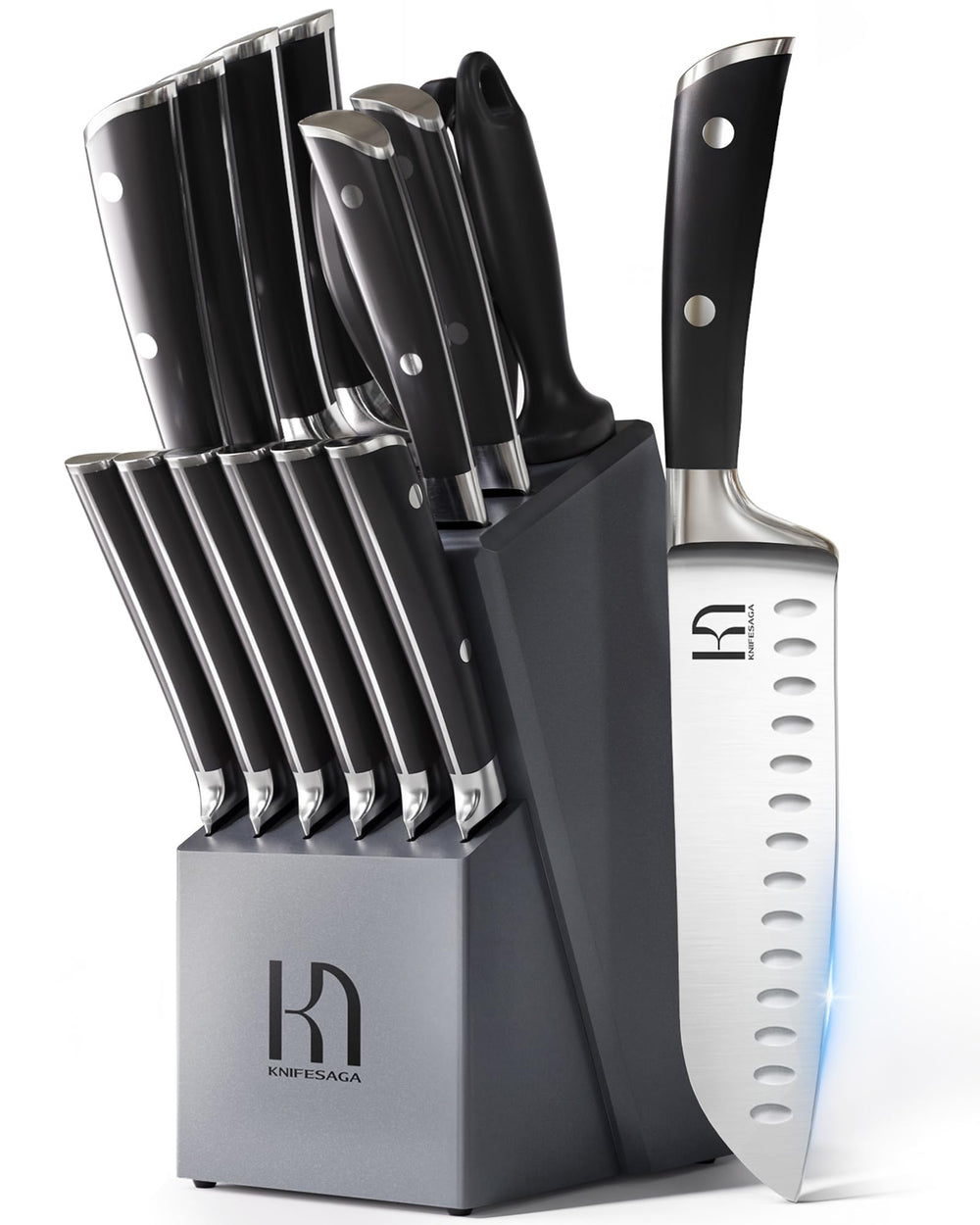 KnifeSaga vue de face du coffret complet montrant le bloc en acacia et les couteaux, organisation pratique