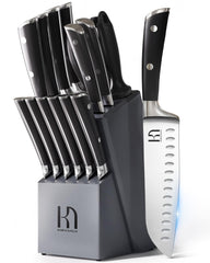 KnifeSaga vue de face du coffret complet montrant le bloc en acacia et les couteaux, organisation pratique