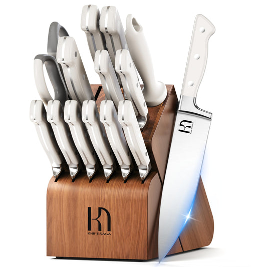 KnifeSaga bloc en bois affichant l’ensemble complet, rangement sûr et esthétique