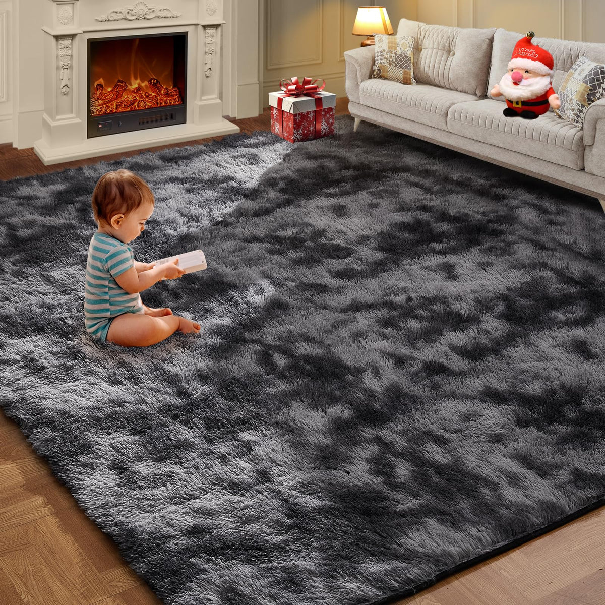 KNZE vue face du tapis shag 5x7 ft présentant le motif tie-dyed, apporte chaleur décorative