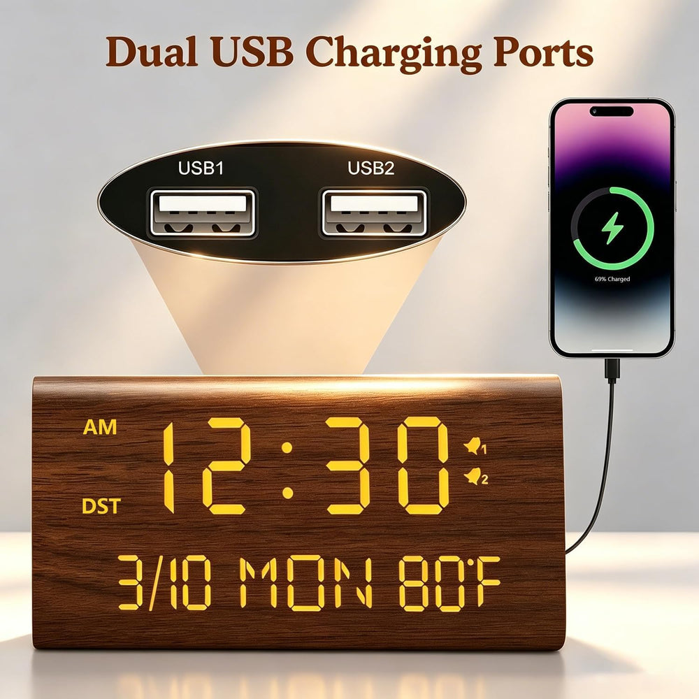 Kogonee réveil ports USB montrant recharge simultanée pratique