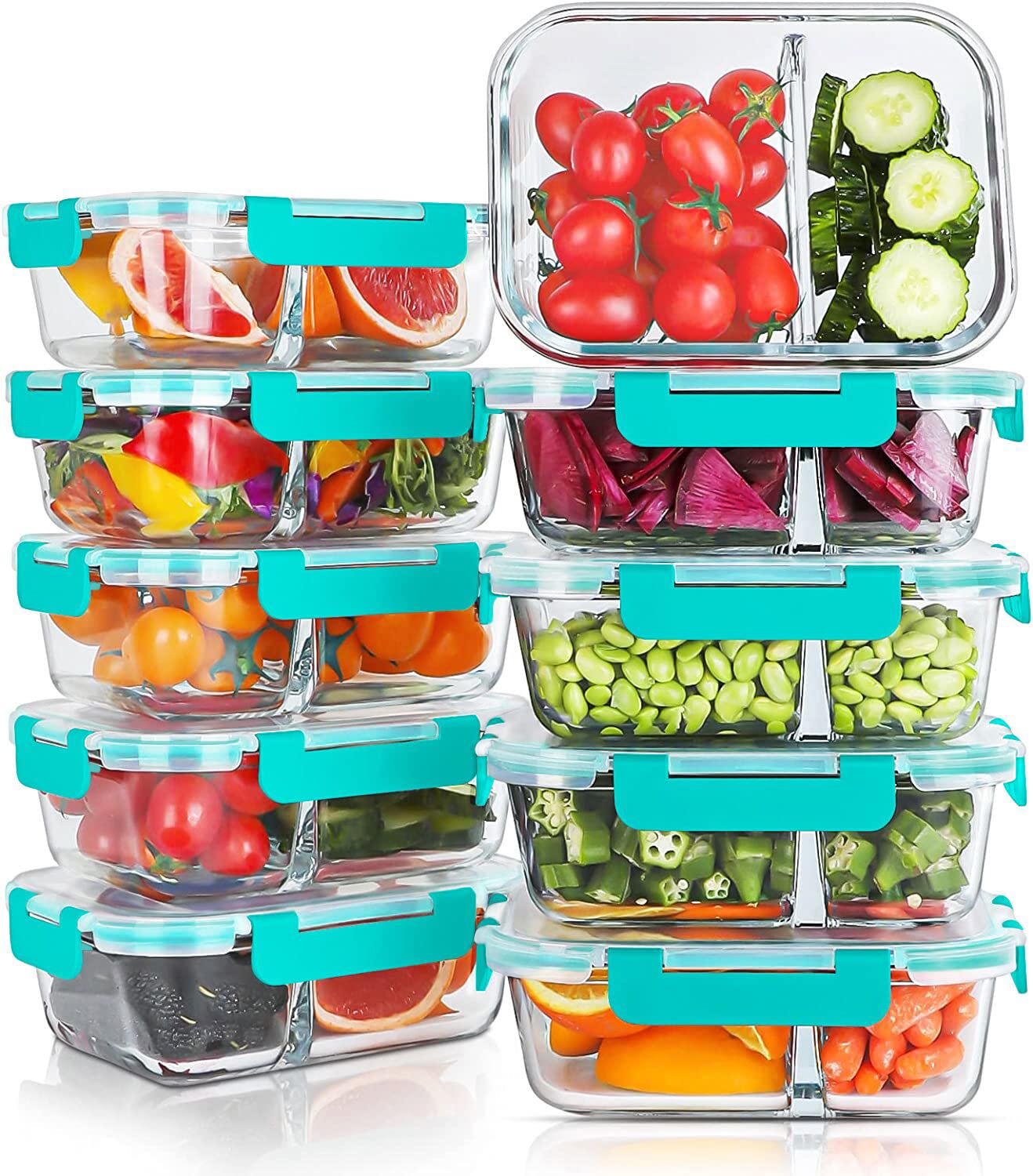 KOMUEE face du lot de 10 boîtes verre 30oz montrant design et couvercles, gain d'organisation