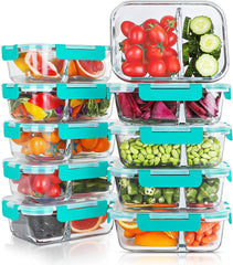 KOMUEE face du lot de 10 boîtes verre 30oz montrant design et couvercles, gain d'organisation