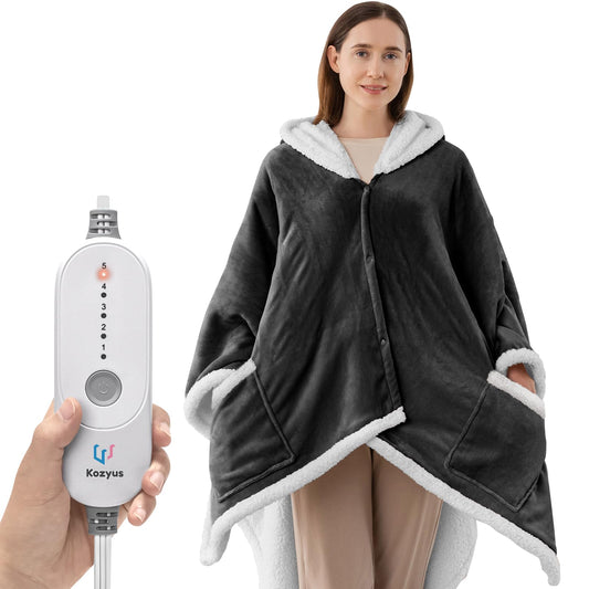Kozyus plaid chauffant face avant montrant coupe poncho et capuche confortable