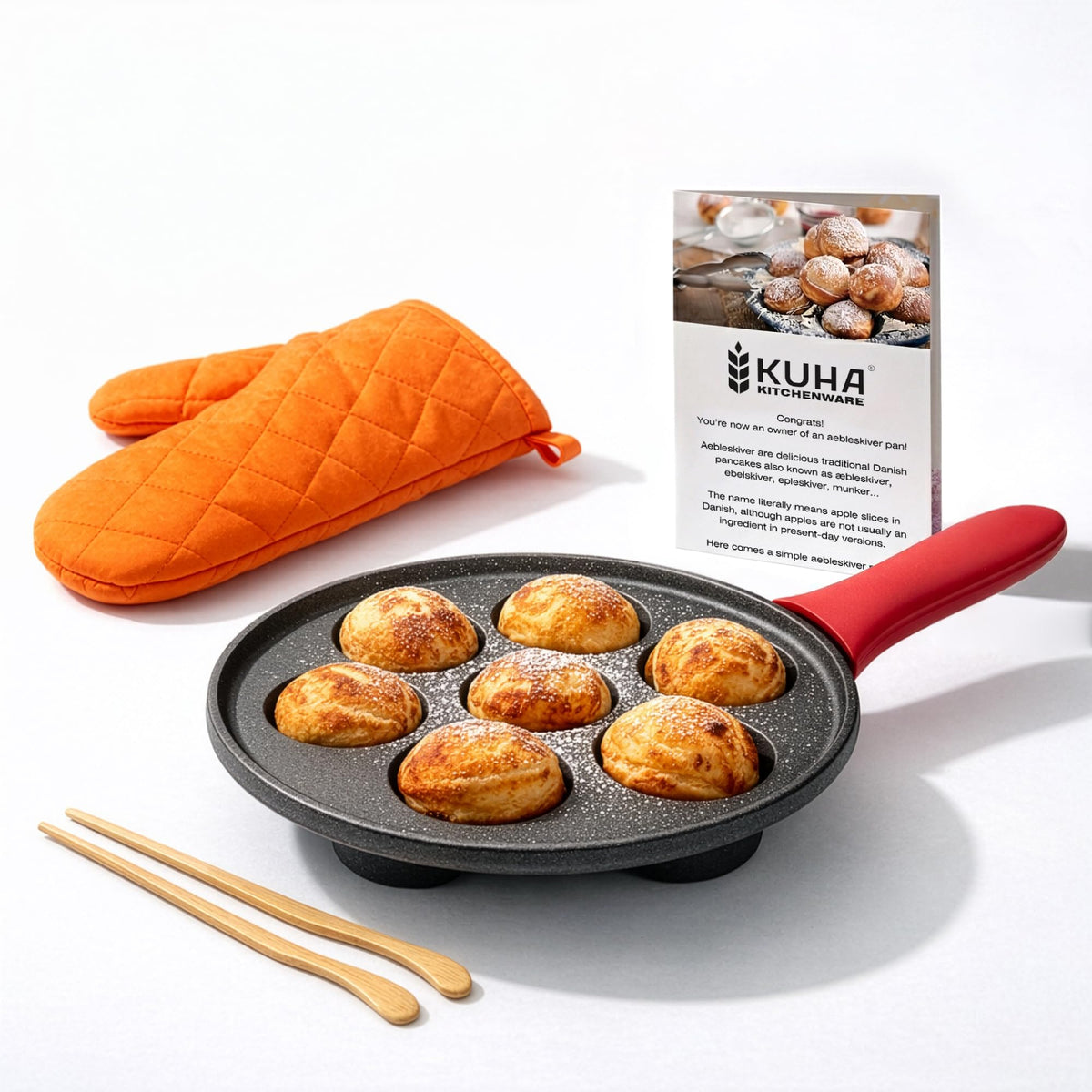 KUHA vue de face de la poêle aebleskiver pour un rendu doré homogène