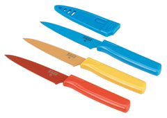 Kuhn Rikon vue avant du couteau avec étui montrant la couleur et le rangement sûr
