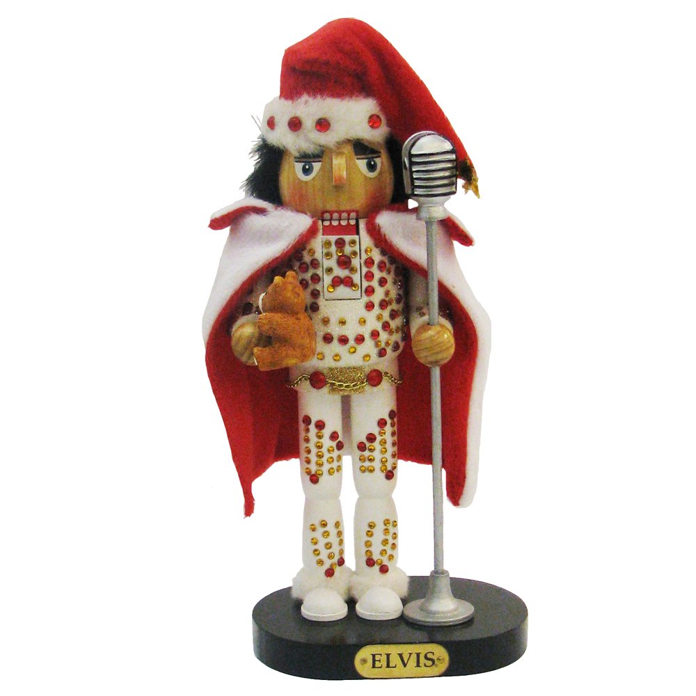Kurt S. Adler casse-noisette Elvis de face montrant costume blanc et micro, rend hommage