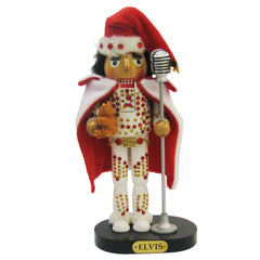 Kurt S. Adler casse-noisette Elvis de face montrant costume blanc et micro, rend hommage
