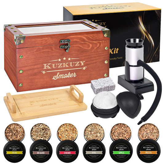 KUZKUZY coffret fumeur vu de face présentant tous les éléments du kit pour sublimer boissons
