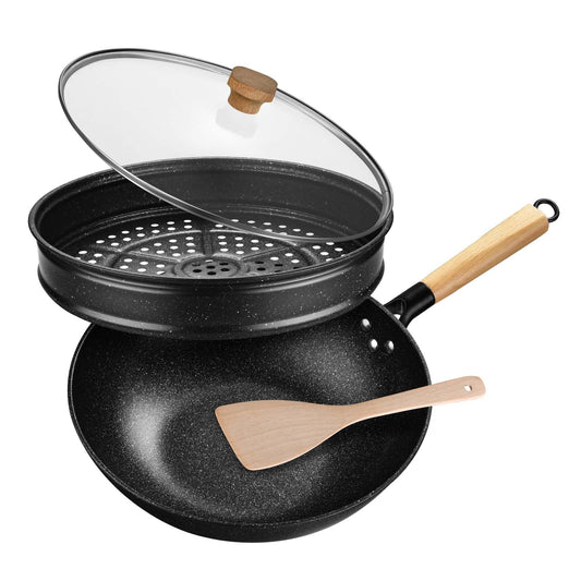 KYTD wok face avant montrant le panier vapeur et le couvercle bénéfice polyvalence