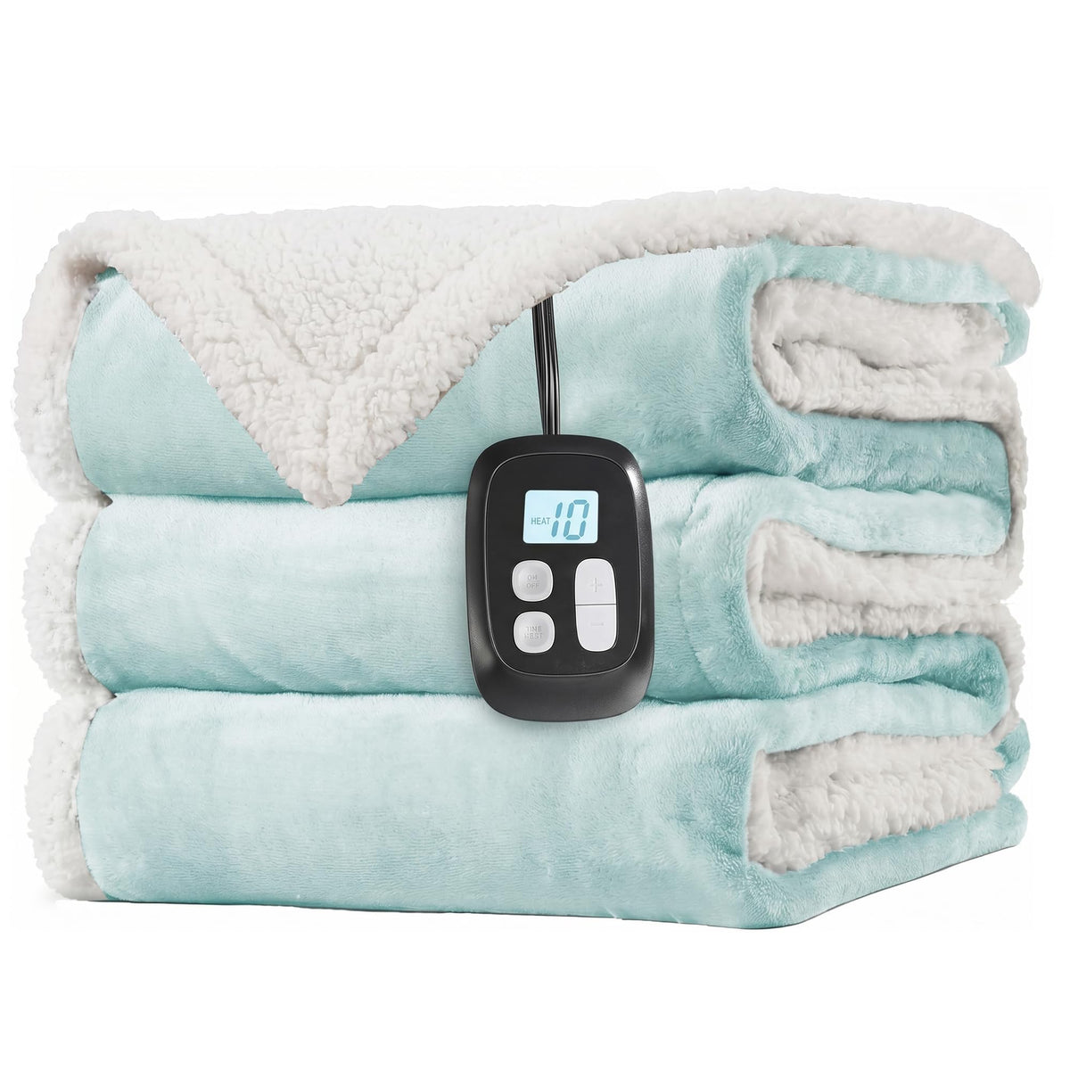 LaffyLo vue frontale de la couverture chauffante montrant taille full et couleur vert clair