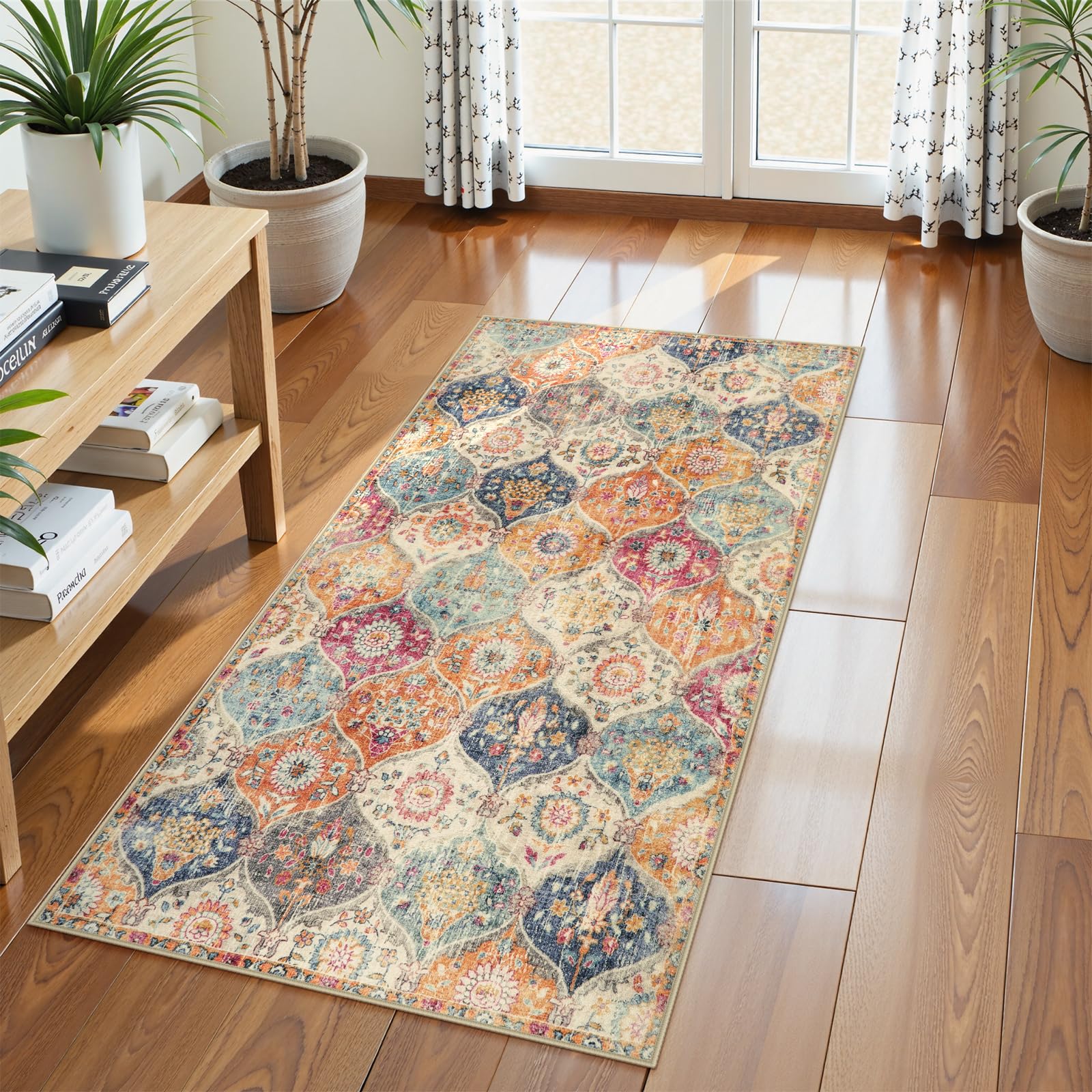 Lahome tapis couloir étalé montrant emballage et dimensions, facilite choix
