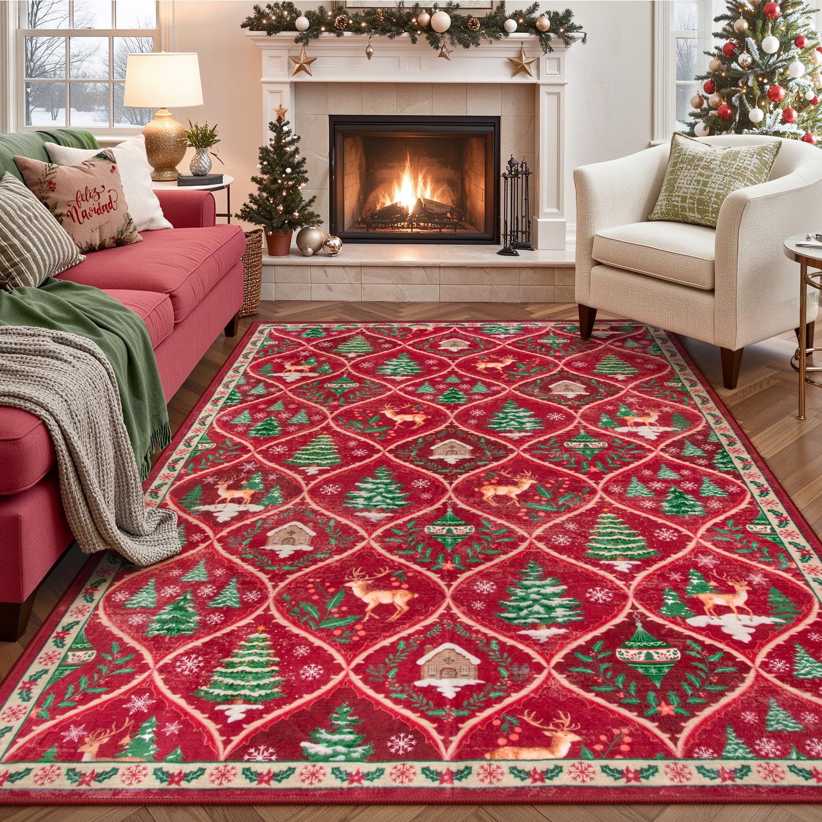 Lahome tapis face motif cerfs et sapins rouge pour déco chaleureuse