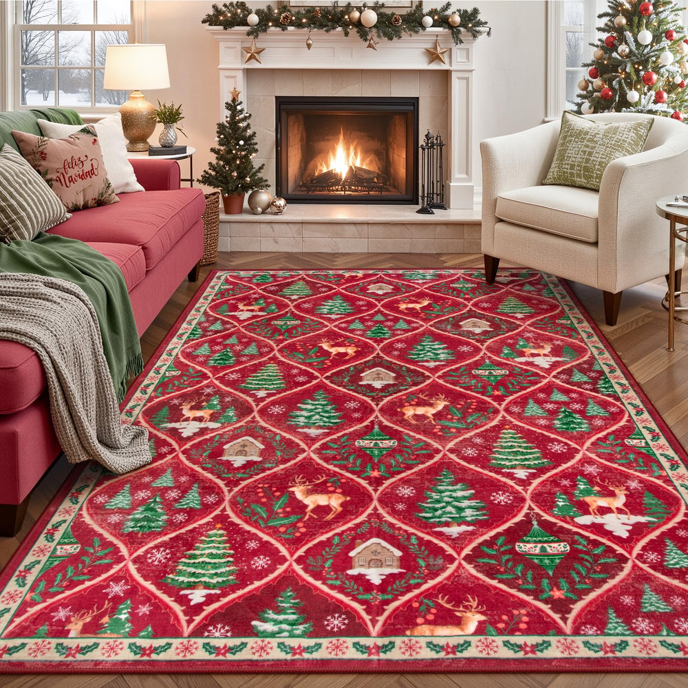 Lahome tapis face motif cerfs et sapins rouge pour déco chaleureuse