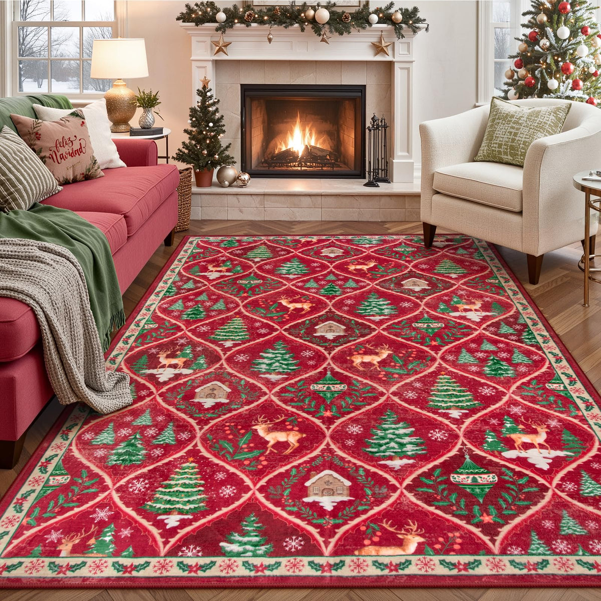 Lahome tapis face motif cerfs et sapins rouge pour déco chaleureuse