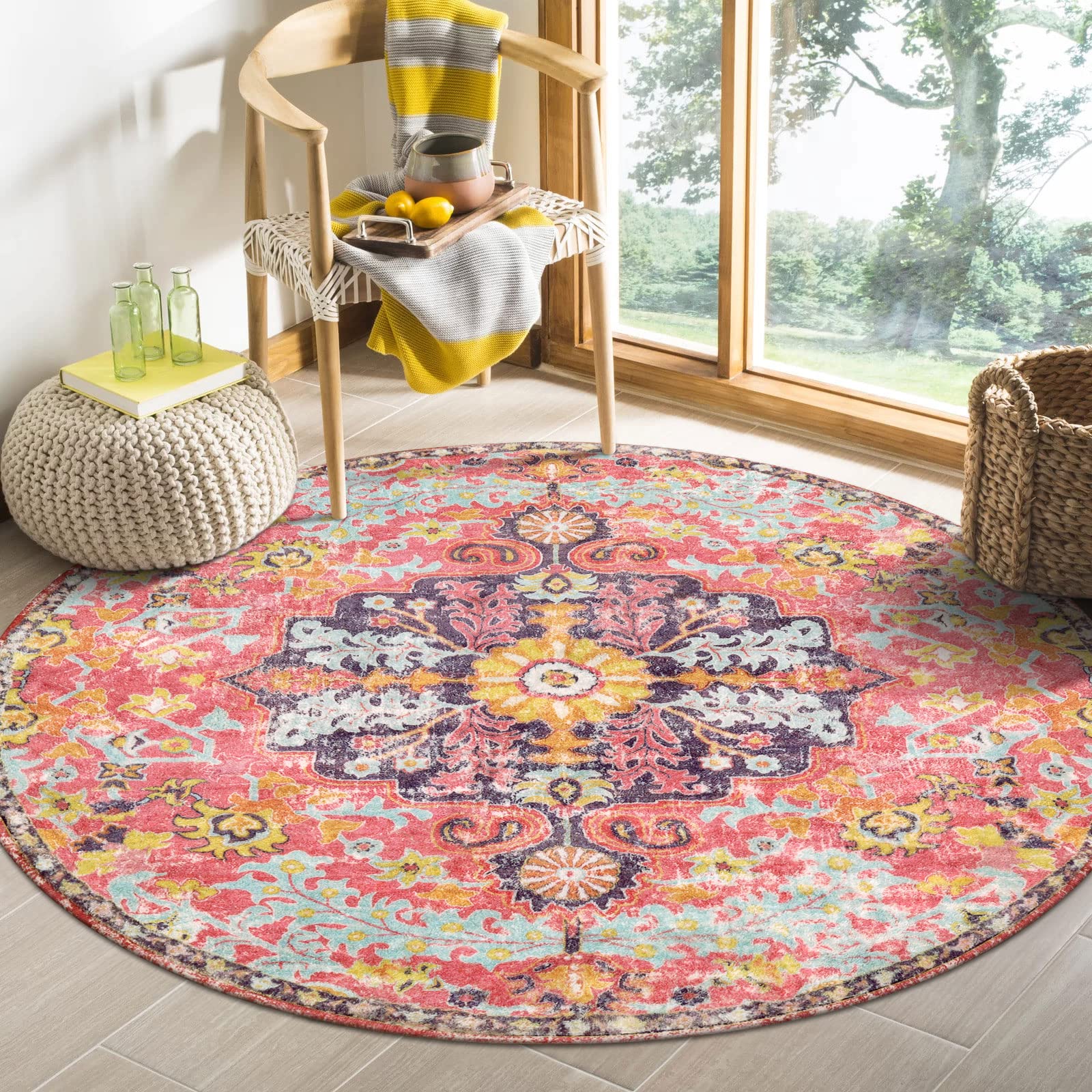 Lahome tapis rond face montrant motif bohème et apport coloré